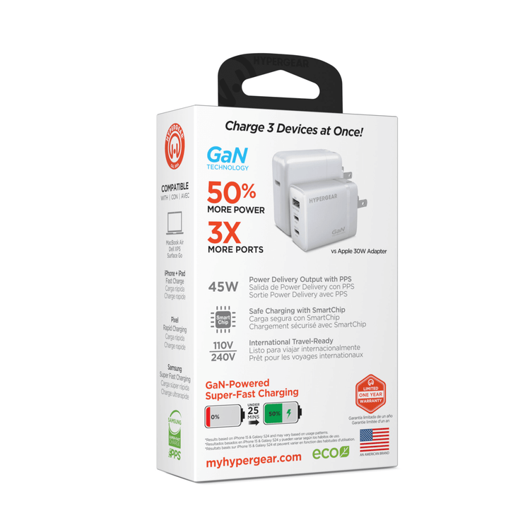 HyperGear SpeedBoost 45W USB-C PD Tri-Port GaN Fast Wall Charger with Sky Iapetus