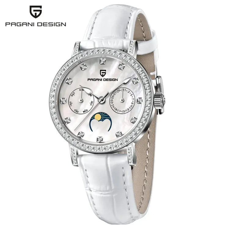 PAGANI DESIGN Women Quartz Watch Mop Dial Diamond Bezel Moon Phase Week Date Multi-function 50M Waterproof White Leather watch Khamik Shop Online