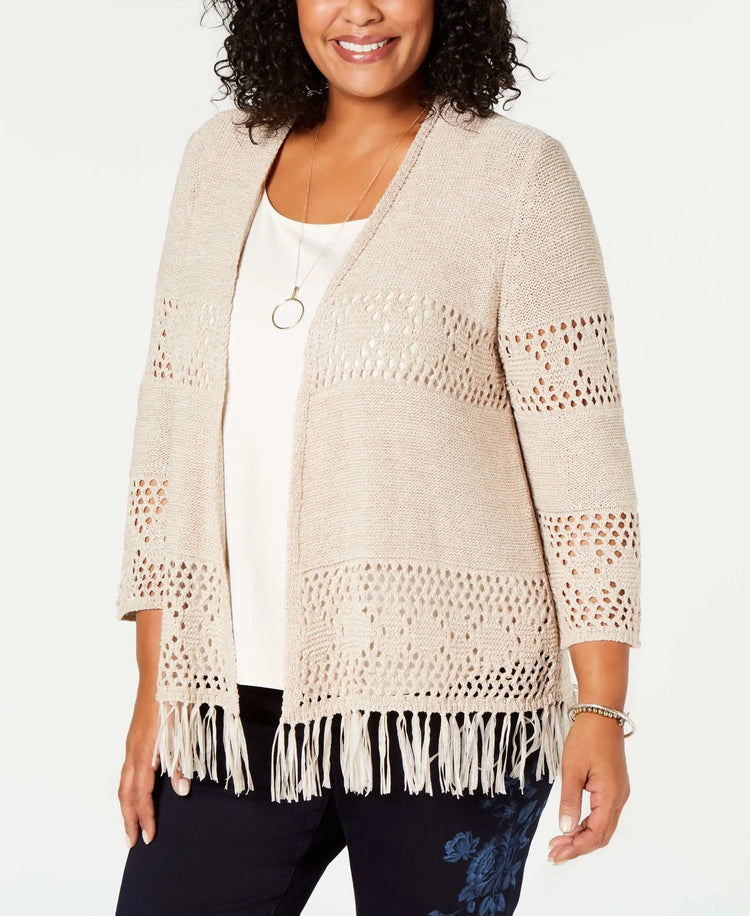 Style & Co Plus Size Fringe Lacy Knit Cardigan Amber Chrysippus