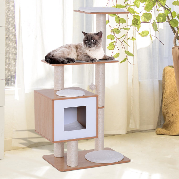 PawHut 47" Premium Wood Cat Tree Kitty Scratching Post Kitten House Taupe Shadow