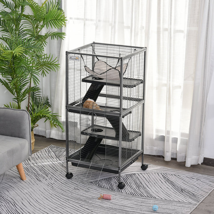 PawHut Rolling Small Animal Cage Pet Mink Chinchilla Small Cat Hutch Taupe Shadow