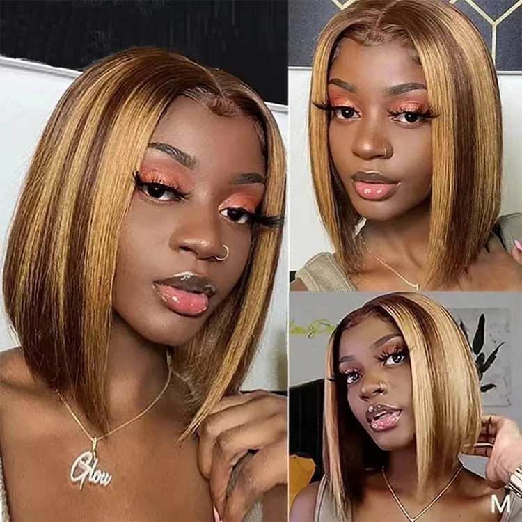 Highlight Dark Brown Blonde Straight Bob Wig 200 Density Virgin Human Hair 13x4 Lace Front Wigs HD Lace Wigs For Black Women Khamik Shop Online