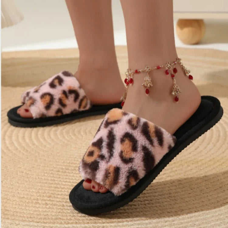 2025 Winter Warm Fluffy Furry Leopard Slippers Women Lightweight Flat Heels Fur Slides Couples Indoor Floor Comfortable Sandals Khamik Shop Online
