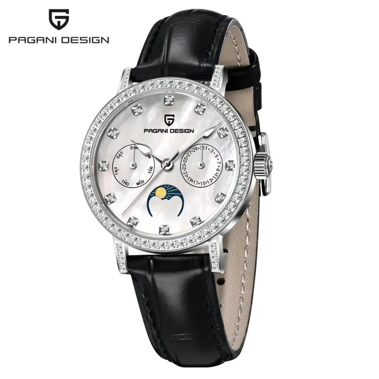 PAGANI DESIGN Women Quartz Watch Mop Dial Diamond Bezel Moon Phase Week Date Multi-function 50M Waterproof White Leather watch Khamik Shop Online