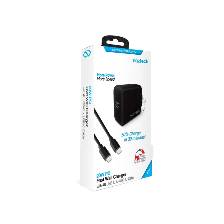 Naztech 20W PD Wall Charger + USB-C to USB-C 4ft Cable Sky Iapetus
