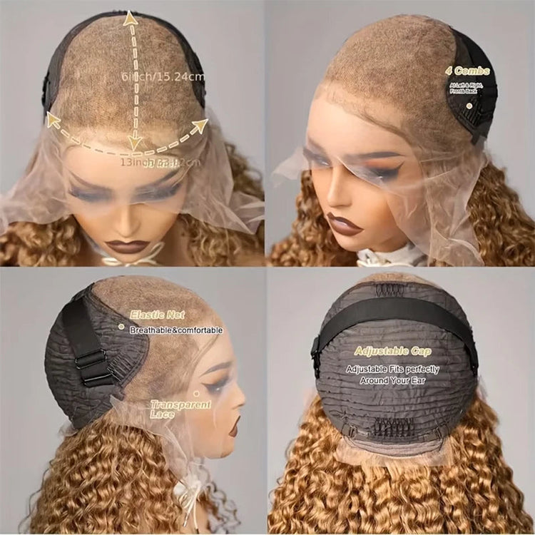 Honey Blonde Deep Wave Wigs Human Hair 13x6 HD Transparent Lace Frontal Wig 220% Density 27 Colored Curly Wigs For Women 36 Inch Khamik Shop Online