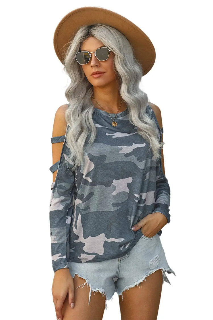 Camouflage Shoulder To Hollow Out Long Sleeve Top Jade