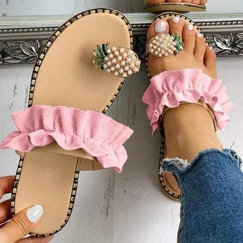 Pineapple Pearl Womens Slippers Flat Toe Casual Beach Slides Silver Juneberry