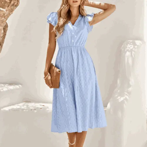 Womens V Neck Ruffle Sleeve Summer Dress Yellow Pandora