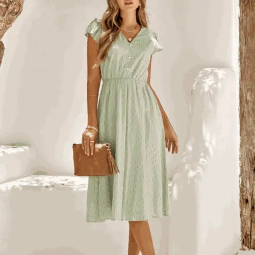 Womens V Neck Ruffle Sleeve Summer Dress Yellow Pandora