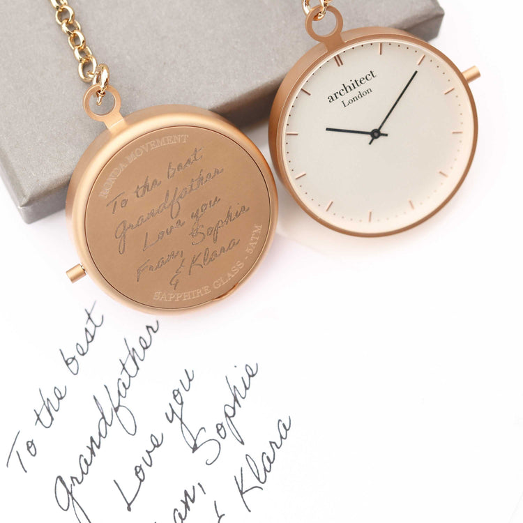Modern Pocket Watch Rose Gold - Handwriting Engraving Fuchsia Prometheus
