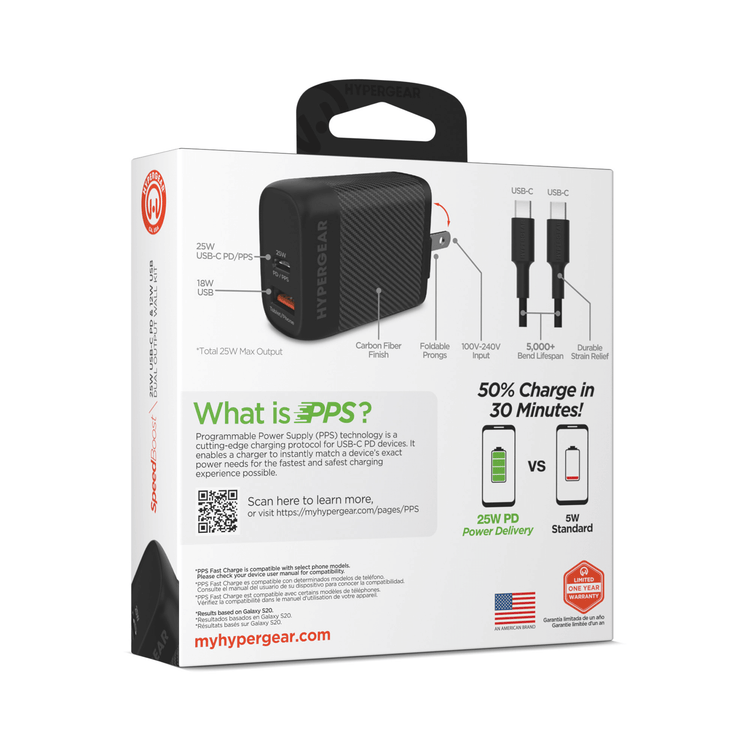 HyperGear SpeedBoost 25W USB-C PD + 12W USB Fast Wall Charger with PPS Sky Iapetus