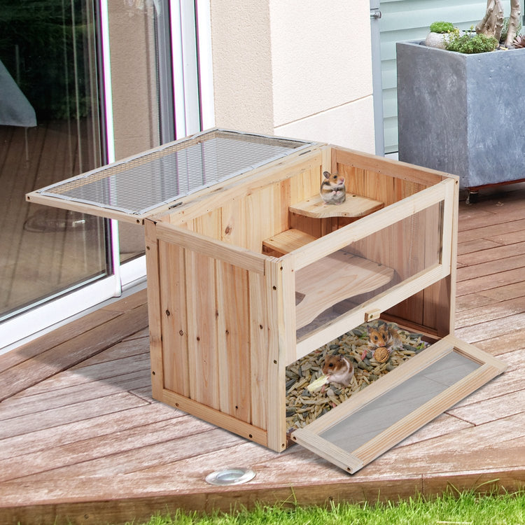 PawHut Wooden Hamster Cage 2 Levels Small Animals Taupe Shadow