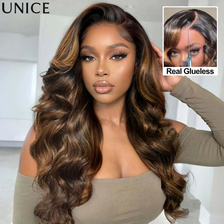 UNICE 7x5 Pre Cut Lace Balayage Brown Body Wave Glueless Wig Pre Plucked Bleached Knots Natural Hairline 100% Human Hair Wigs Khamik Shop Online