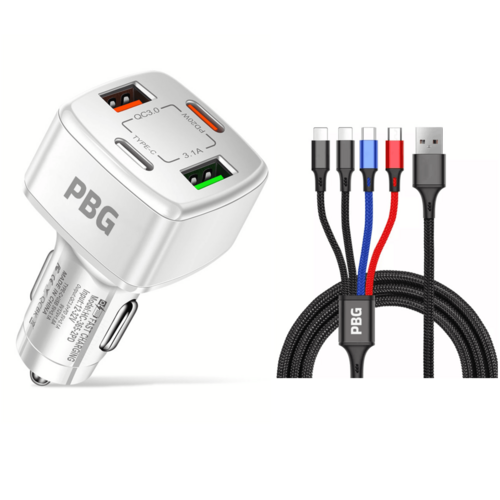 PBG 4 Port PD/USB Car Charger and 4 in 1 Nylon Cable Bundle Fuchsia Electra