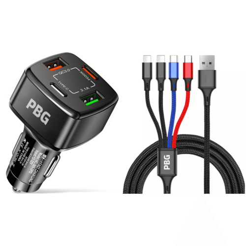 PBG 4 Port PD/USB Car Charger and 4 in 1 Nylon Cable Bundle Fuchsia Electra