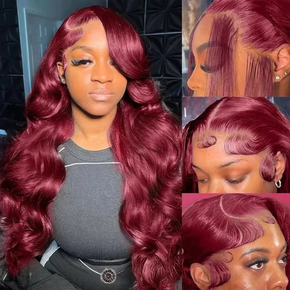 99J Burgundy Red 34 Inch Body Wave Lace Front Wigs 13x4 HD Transparent Human Hair Pre Plucked Dark Burgundy 99J Colored Wig 13x6 Lace  Wigs Pre-Plucked Body Wave Hairstyle For Women Khamik Shop Online