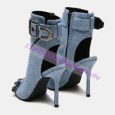 Summer Blue Denim Pointed-Toe Boots For Women Open-Toe Leather Belt Buckle Sandals Fashion Metal Pointed-Toe Zipper High Heels Khamik Shop Online