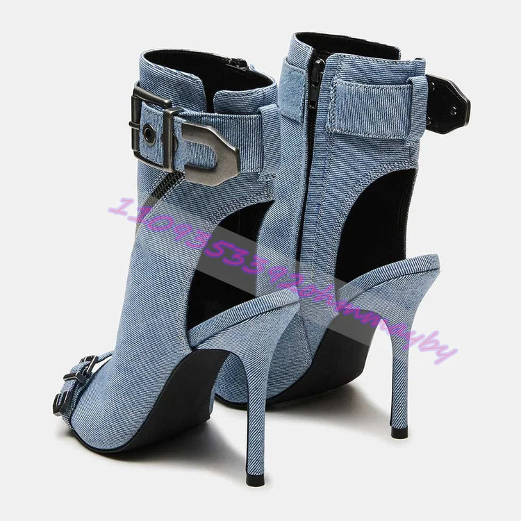 Summer Blue Denim Pointed-Toe Boots For Women Open-Toe Leather Belt Buckle Sandals Fashion Metal Pointed-Toe Zipper High Heels Khamik Shop Online