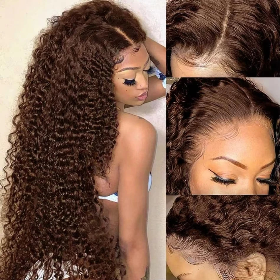34 Inch Deep Wavy Lace Front Wig in Chocolate Brown Featuring 200 Density And 13X6 HD Lace. This Curly Human Hair Wig Is Ideal for Women And Comes with Pre-Added Natural Hair Threads in Shade 4 Brown Khamik Shop Online