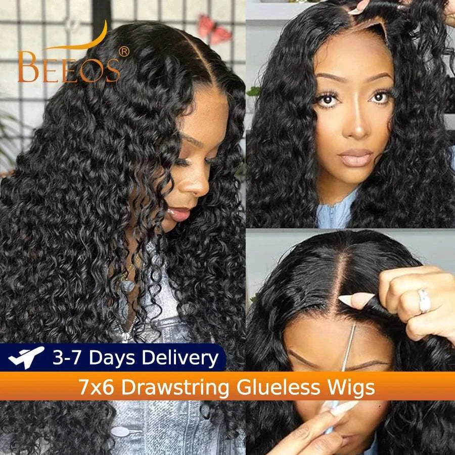 Water Wave Wig 100% Human Hair Wig 7x6 Drawstring Glueless Wigs Curly Wigs Deep Part Silklike HD Lace Wigs Brazilian Remy Hair Khamik Shop Online