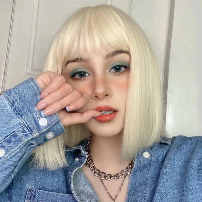 Light blonde fashion synthetic wig Short female Bob hair Female short straight high temperature silk wig head cover Khamik Shop Online