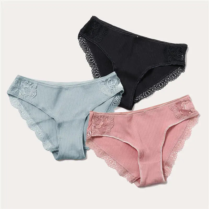 3PCS/Set 6 Color Women Panties Cotton Lace Briefs Solid Color for Female Striped Sexy Cotton Underwear Lingerie Low Waist Flower Khamik Shop Online