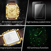 OLEVS brand mens watches waterproof Leather strap chronograph quartz watch for man date gold square dial genuine male wristwatch Khamik Shop Online