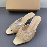 2026 Summer Sandals Weave Pearl Mule Heels for Women Nude Square Toe High Heel Sandal Elegant Backless Fashion Stiletto Footwear Khamik Shop Online