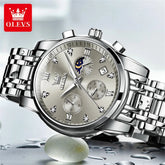 OLEVS 2858 Quartz Watch for Men Classic Three Eye Chronograph Small Dial 24 Hour Moon Phase Luxury Original Men&