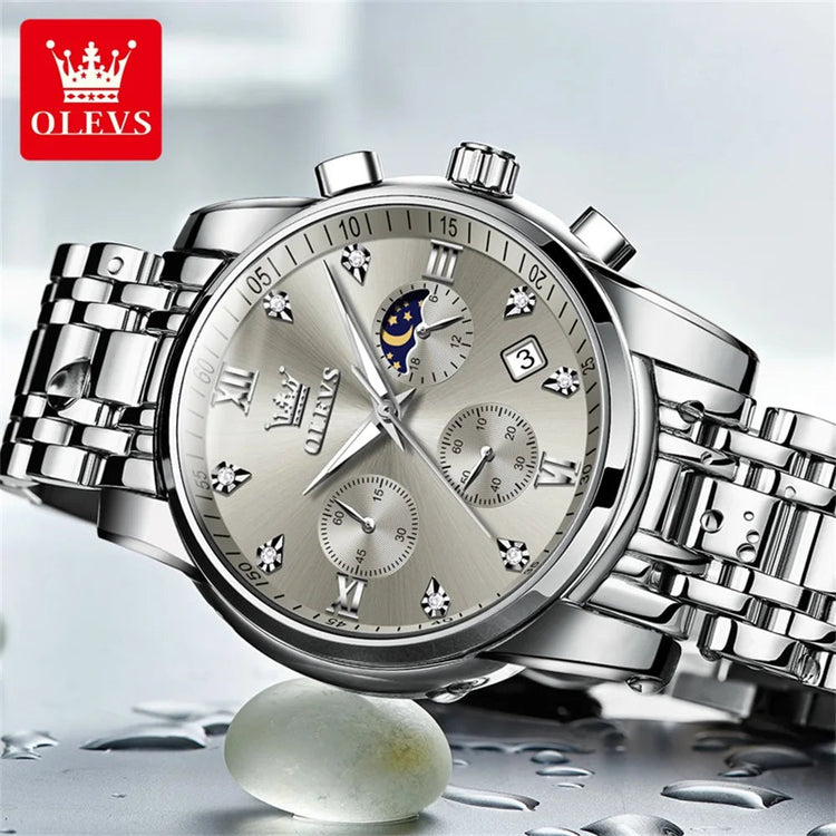 OLEVS 2858 Quartz Watch for Men Classic Three Eye Chronograph Small Dial 24 Hour Moon Phase Luxury Original Men&