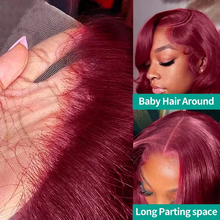 99J Dark Burgundy Colored Body Wave With Bangs Human Hair Wig 13x6 Lace Frontal Wig 13X6 Red Lace Front Human Hair Wigs 13X4 Burgundy 99J Lace Front Wigs Pre Plucked Black Women Khamik Shop Online