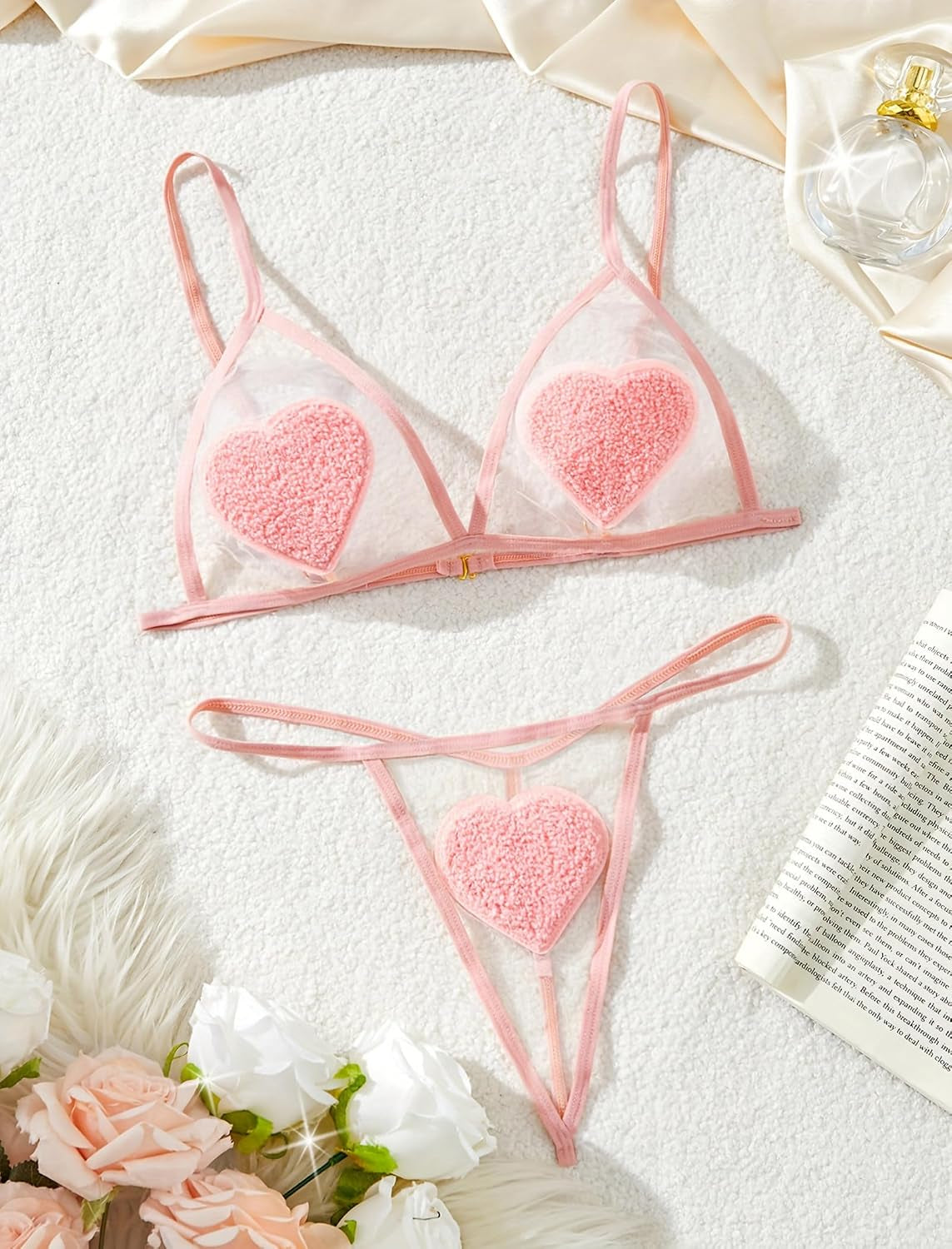 Sexy Lingerie Set for Women 2 Piece Heart Mesh Sheer Bra and Thong Set Deep V Cute Lingerie S-XXL