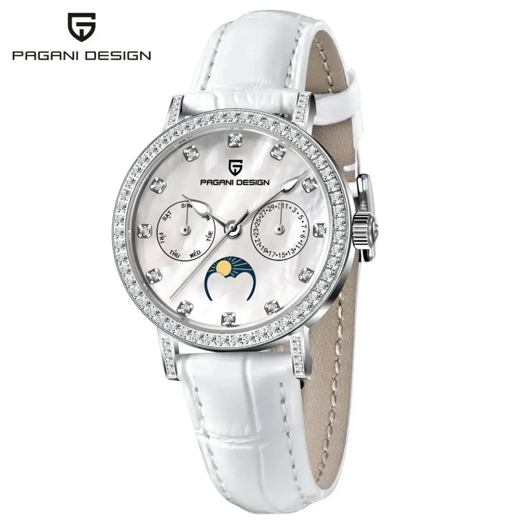 PAGANI DESIGN Women Quartz Watch Mop Dial Diamond Bezel Moon Phase Week Date Multi-function 50M Waterproof White Leather watch Khamik Shop Online