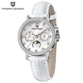 PAGANI DESIGN Women Quartz Watch Mop Dial Diamond Bezel Moon Phase Week Date Multi-function 50M Waterproof White Leather watch Khamik Shop Online
