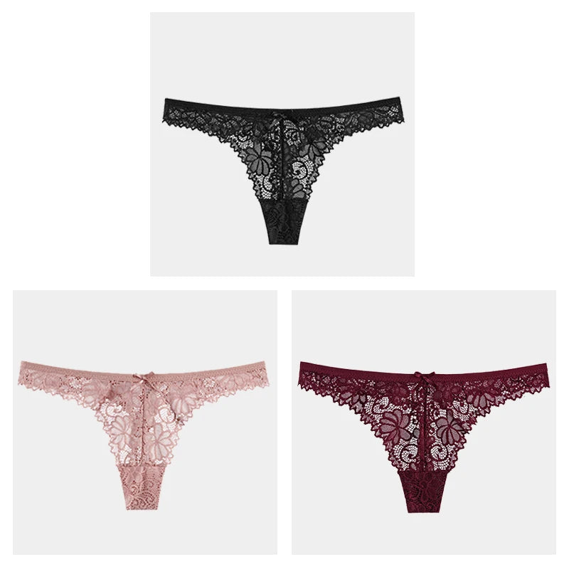 3Pcs/Lot Sexy Lace Thong Low Waist Lace Transparent Panties Women Hollow Out Breathable G String Briefs Bow Underwear Lingerie