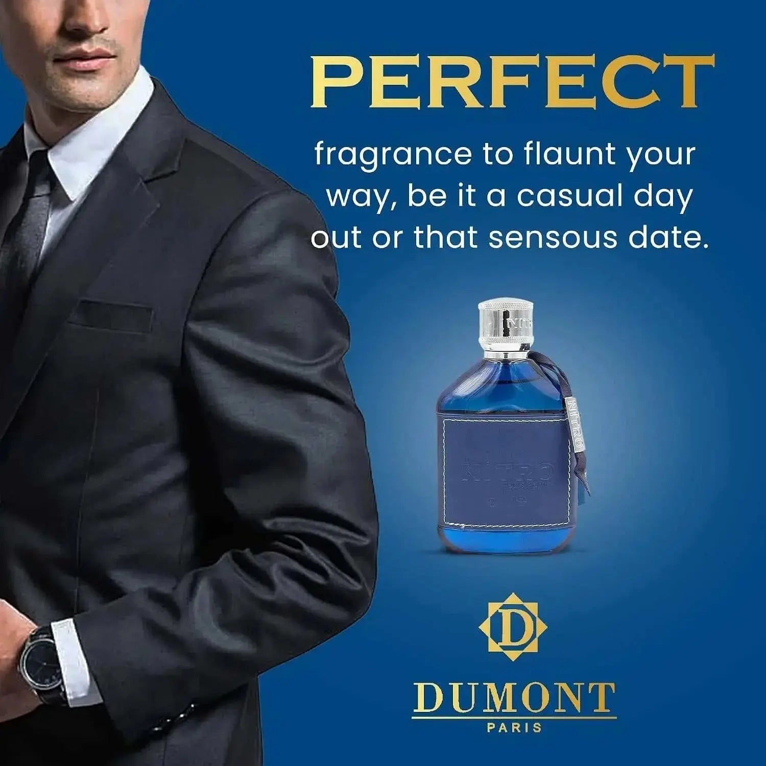 Nitro Blue Dumont Men EDP Perfume 100ml Fresh Marine Citrus Cologne Blue Glass Bottle Silver Cap Luxury Black Gift Box Daily Summer Business Wear Khamik Shop Online