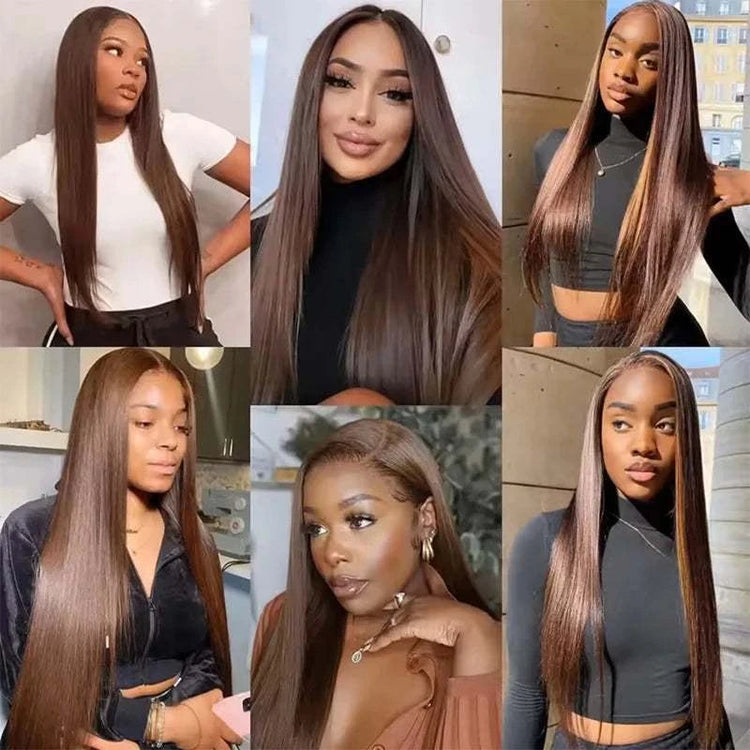 220% Density 34 Inch Chocolate Brown Bone Straight Lace Front Human Hair Wig Straight Wig 13x6 Transparent HD Lace Frontal Wigs Khamik Shop Online