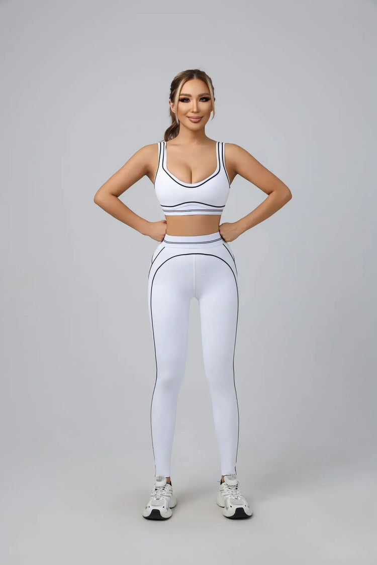 Yoga Suit Women Sport Set Pilates Clothing High Waisted Elasticized Leggings Hip Lifting Pants Gather Top Vest Strip Workout Set Khamik Shop Online