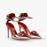Gold Metal Rivets Splicing Stiletto Sandals Women Sexy Metallic Leather Ankle Strap Sandals Female Wedding Party Classy Footwear Khamik Shop Online