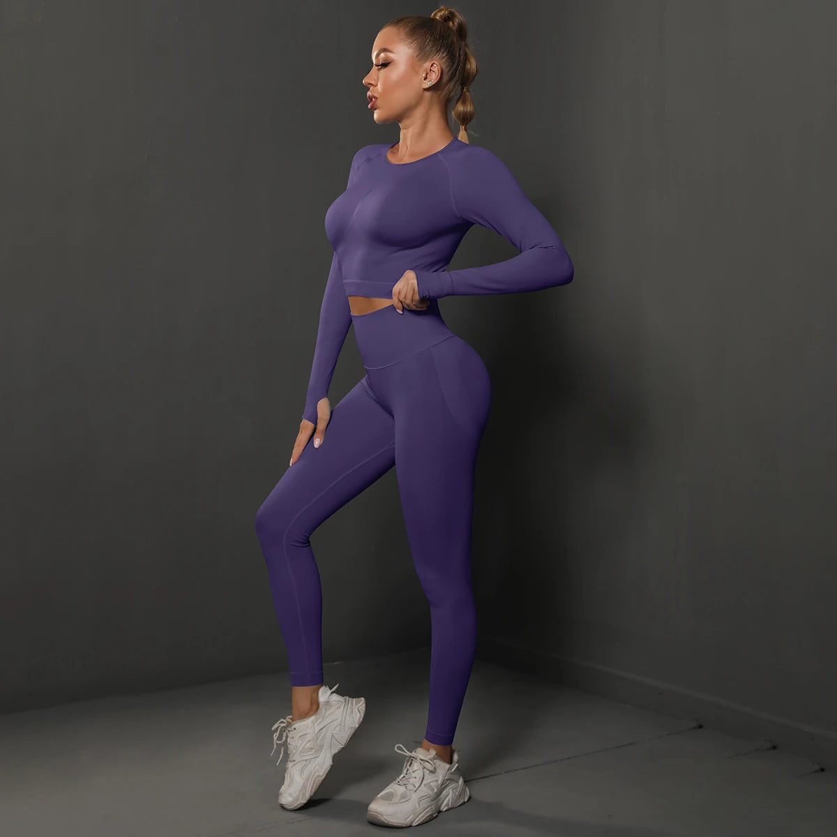 2Pcs Women Sets Energy Seamless Gym Suits Bubble Butt Sports Pants+Long Sleeve Shirts Push Up Running Sets Tracksuits Tights Set Khamik Shop Online