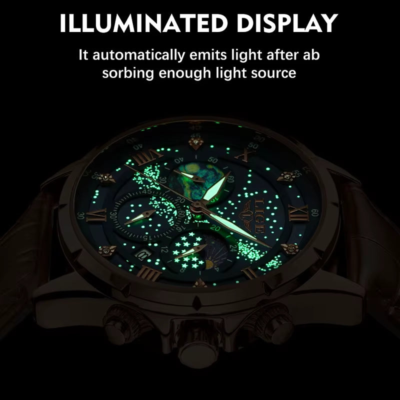 New  Mens Watch Luxury Moon Phase Waterproof Date Clock Casual Blue Leather Quartz Wristwatches Men Chronograph Reloj Hombre