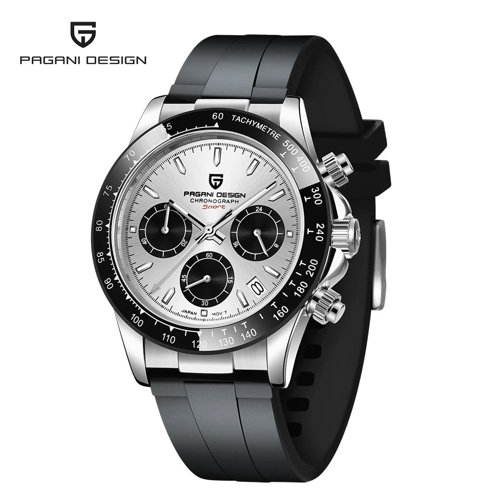 PAGANI DESIGN Men Quartz Chronograph Watch RoseGold Case Black Ceramic Bezel Brown Dial Rubber Strap Waterproof Sports watch+box Khamik Shop Online