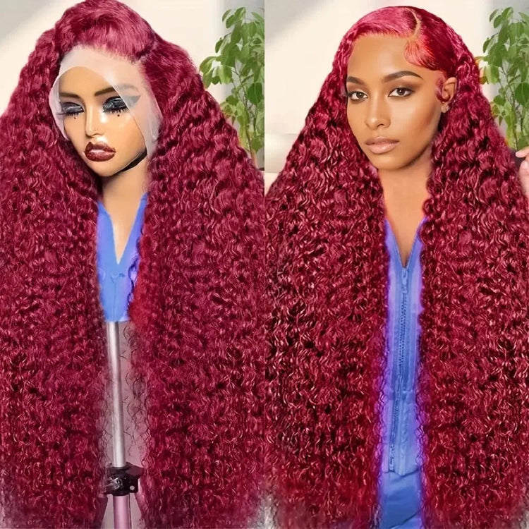 200 Density Burgundy Deep Wave Human Hair Wig 99J Colored 13x4 13x6 HD Water Curly Wave Full Lace Frontal Wigs For Women 46 Inch - Khamik Shop Online