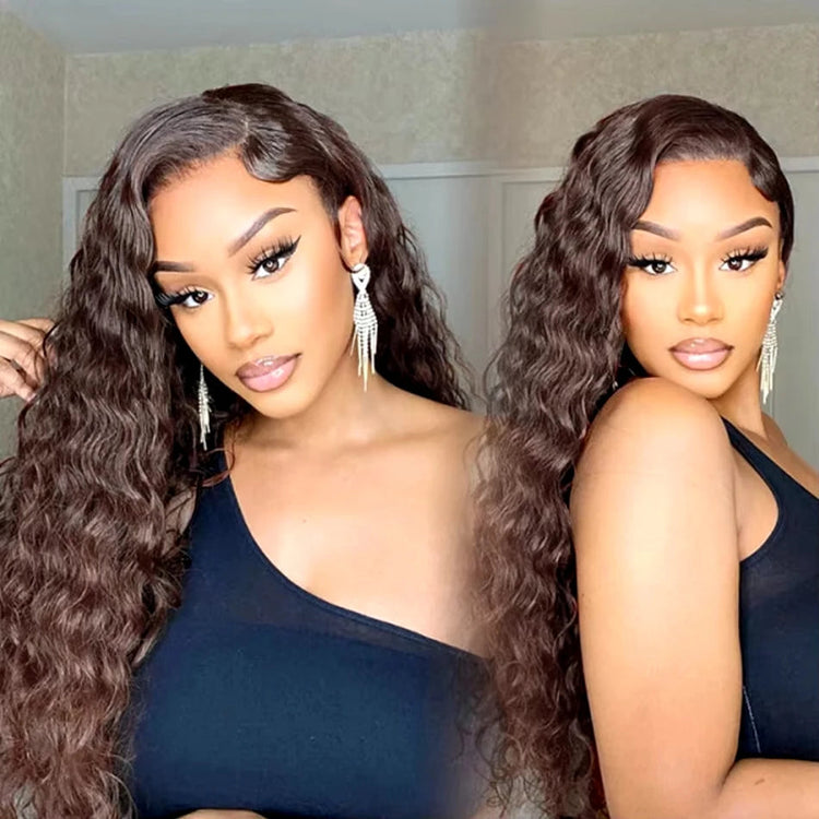 34 Inch Deep Wavy Lace Front Wig in Chocolate Brown Featuring 200 Density And 13X6 HD Lace. This Curly Human Hair Wig Is Ideal for Women And Comes with Pre-Added Natural Hair Threads in Shade 4 Brown Khamik Shop Online