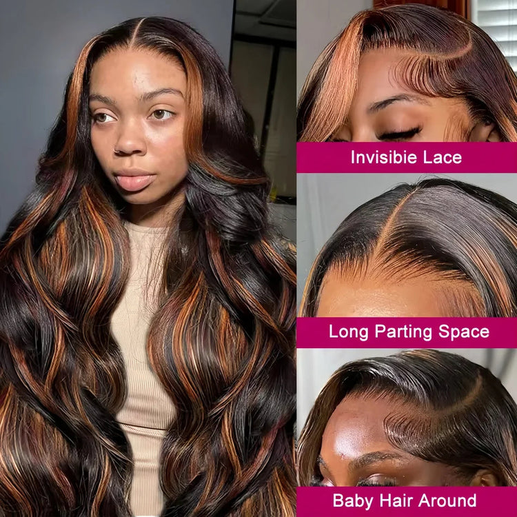 Highlight Body Wave 13x6 HD Omber Lace Front Human Hair Pre Plucked Wig 1B/30 Black Brown Colored Hair 13x4 HD Lace Frontal Wigs Khamik Shop Online