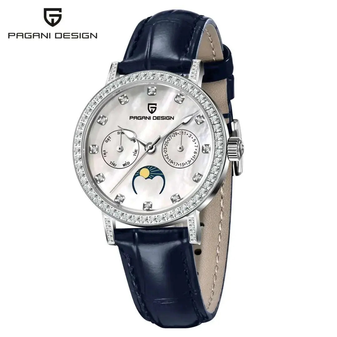 PAGANI DESIGN Women Quartz Watch Mop Dial Diamond Bezel Moon Phase Week Date Multi-function 50M Waterproof White Leather watch Khamik Shop Online