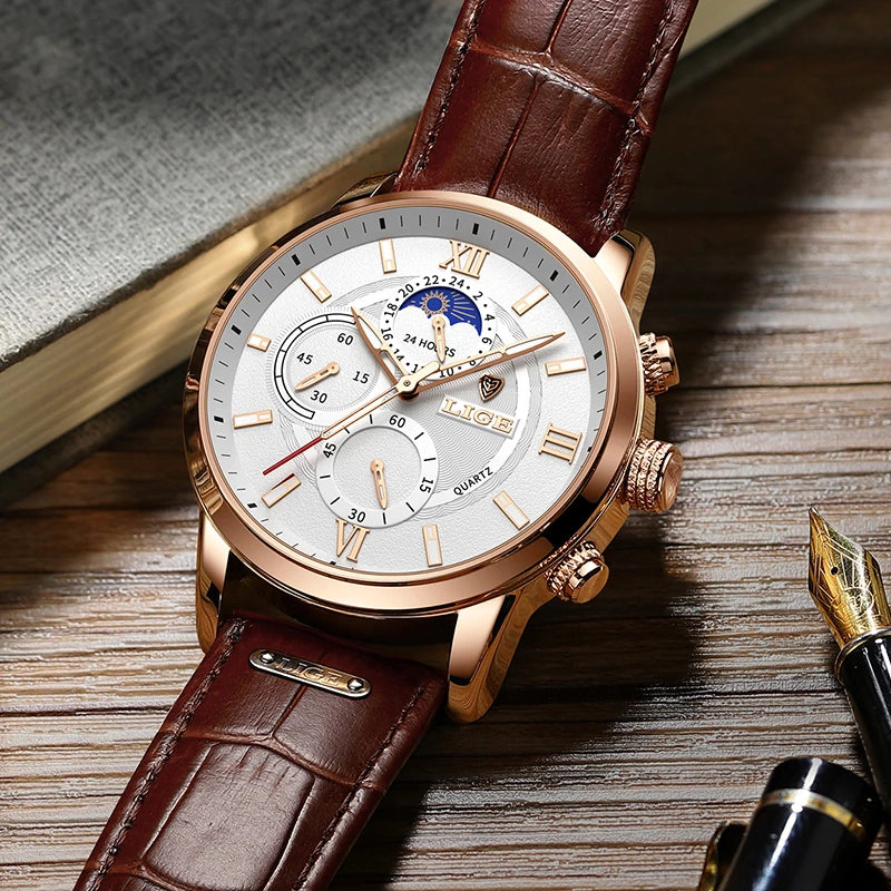 2026  Watches Mens Top Brand Luxury Clock Casual Leathe 24Hour Moon Phase Men Watch Sports Waterproof Quartz Chronograph+Box