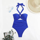 Women Swimsuit Halter Neck Solid Swimsuit Backless Waist Cinching Bathing Suit Ruched Bust High Cut Swimwear Black Woman Khamik Shop Online