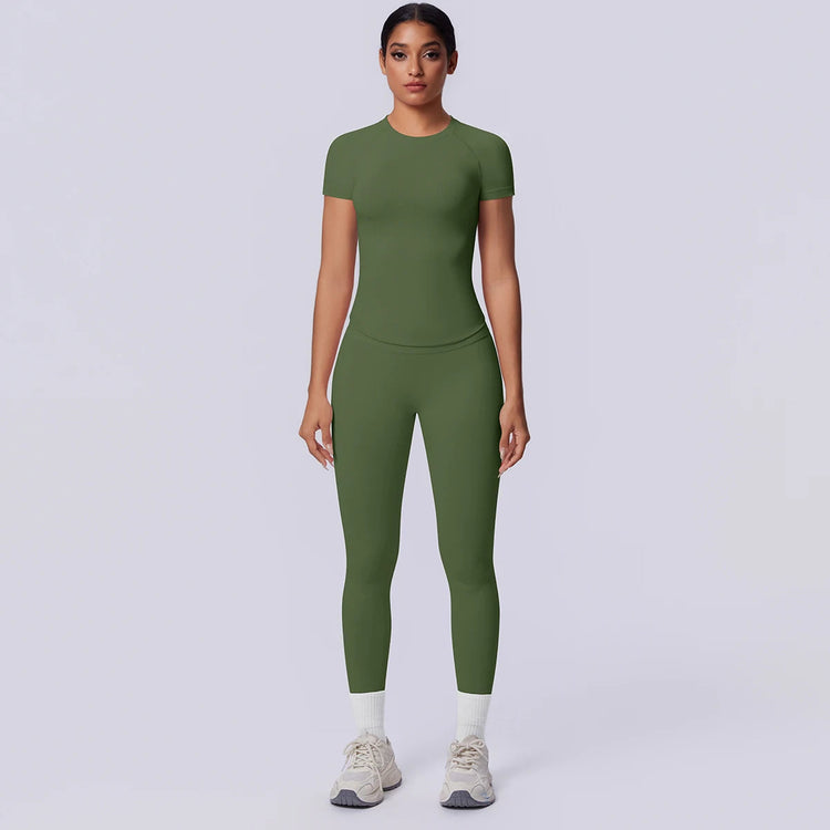 Rooftrellen New 2PCS/set Yoga Set Summer Quick Drying Fitness Sports Workout Top T-Shirt High Stretch Seamless Yoga Leggings Set Khamik Shop Online
